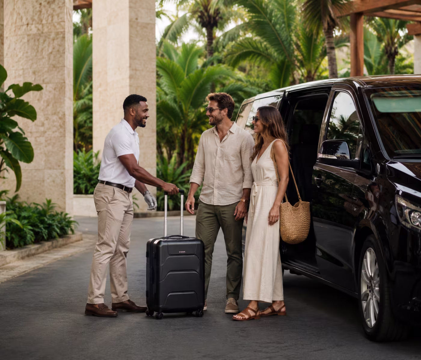 Transcana driver welcoming travelers beside a private transfer van in Punta Cana
